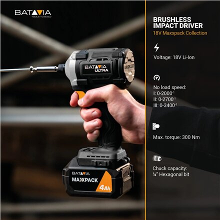 Batavia B.V. , Cordless Brushless Impact Driver 230 Nm, Without battery and charger - 18V