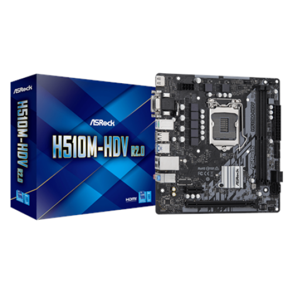 ASRock H510M-HDV R2.0 Processor family Intel, Processor socket LGA1200, DDR4 DIMM, Memory slots 2, Supported hard disk drive interfaces SATA, Number of SATA connectors 4, Chipset Intel H510, Micro ATX