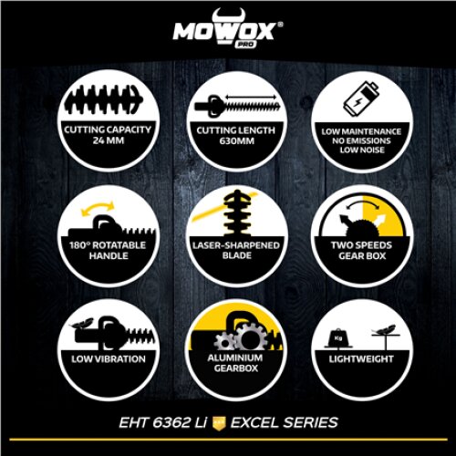 MoWox , 62V Excel Series Hand Held Battery Hedge Trimmer With Rotating Handle (Without Battery and Charger) , EHT 6362 Li , Cordless