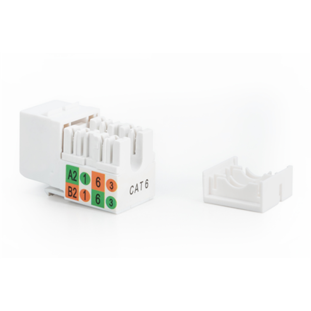 Class E CAT 6 Keystone Jack , DN-93601 , Unshielded RJ45 to LSA , Cable installation via LSA strips, color coded according to EIA/TIA 568 A & B; The Cat 6 keystone module supports transmission speeds of up to 1 GBit/s & 250 MHz in connection with 