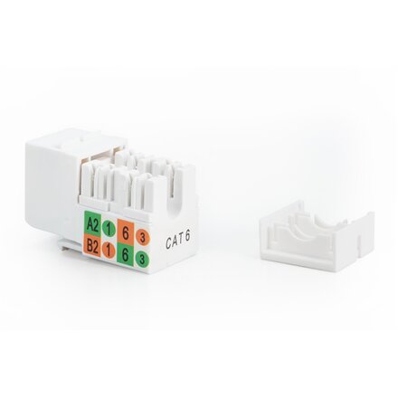 Class E CAT 6 Keystone Jack , DN-93601 , Unshielded RJ45 to LSA , Cable installation via LSA strips, color coded according to EIA/TIA 568 A & B; The Cat 6 keystone module supports transmission speeds of up to 1 GBit/s & 250 MHz in connection with 