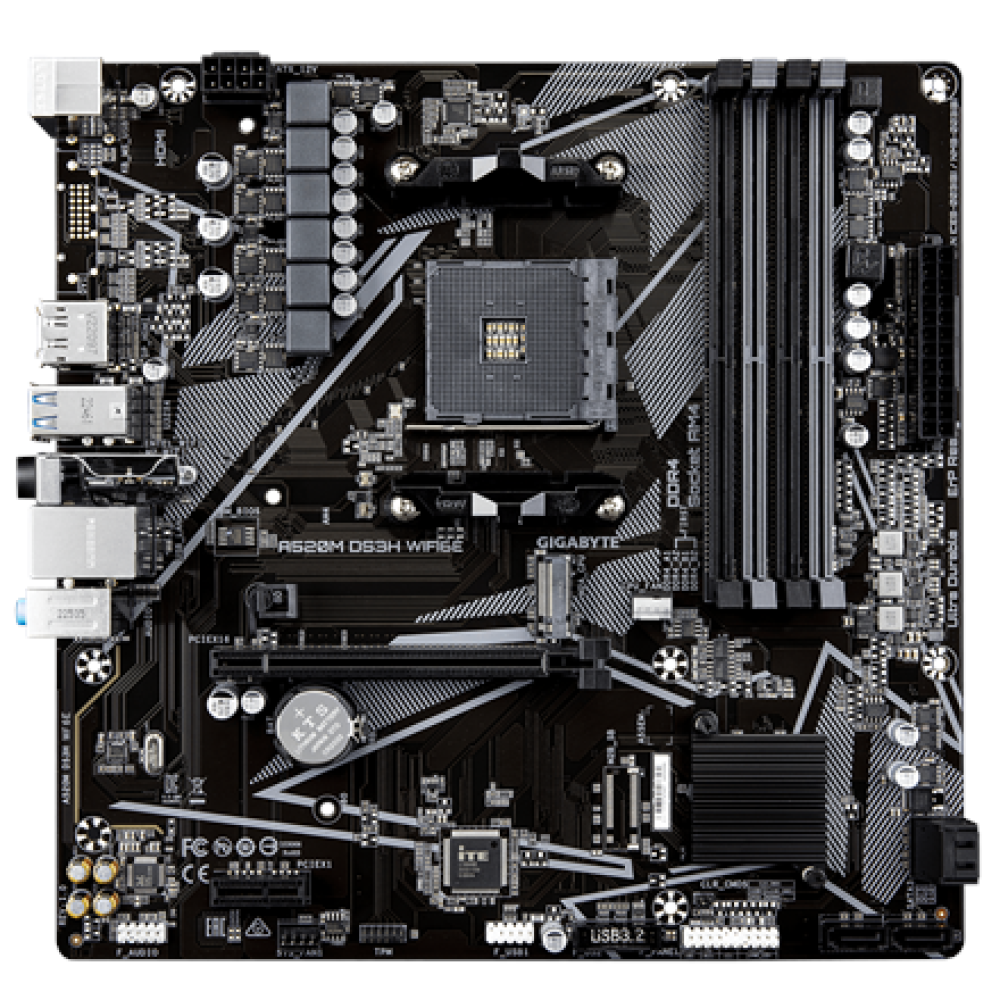 Gigabyte A520M DS3H WIFI6E , Processor family AMD , Processor socket AM4 , DDR4 , Supported hard disk drive interfaces SATA, M.2 , Number of SATA connectors 4