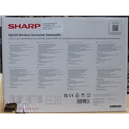 SALE OUT. Sharp AQUOS Wireless Surround Subwoofer , Sharp AQUOS Surround Subwoofer , CP-AWS0101 , Wi-Fi , DAMAGED PACKAGING , Wireless connection