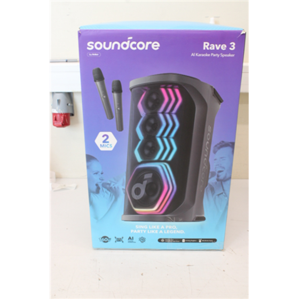 SALE OUT. Anker Soundcore Rave 3 Bluetooth Speaker , Anker Soundcore , Portable Bluetooth Speaker , Rave 3 , USED, SCRATCHED SIDES, MISSING MANUAL, USB C CHARGING CABLE , 160 W , Bluetooth , Black , Portable , Wireless connection