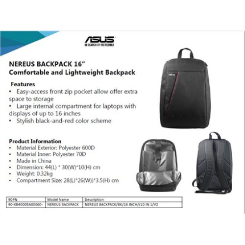 Asus , NEREUS , Fits up to size 16 , Backpack , Black