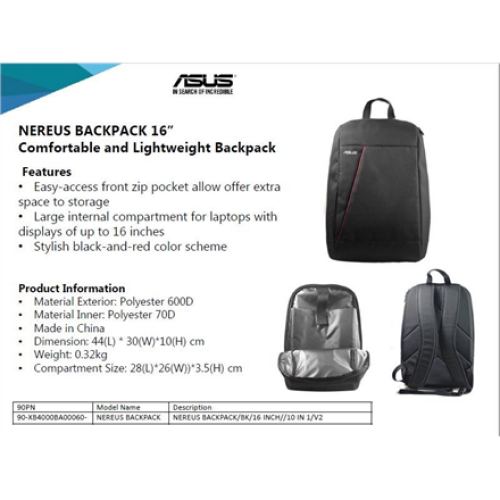Asus , NEREUS , Fits up to size 16 , Backpack , Black