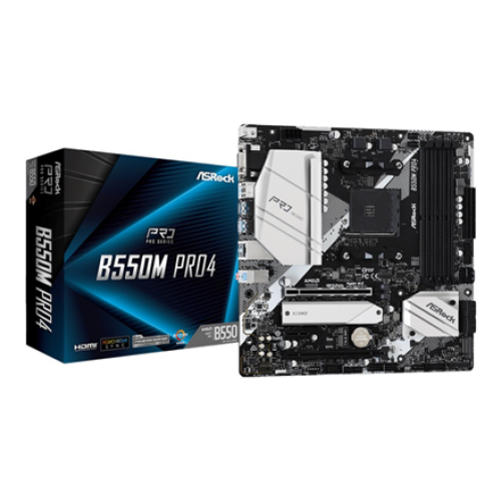 ASRock , B550M Pro4 , Processor family AMD , Processor socket AM4 , DDR4 DIMM , Memory slots 4 , Supported hard disk drive interfaces SATA3, M.2 , Number of SATA connectors 6 , Chipset AMD B550 , Micro ATX