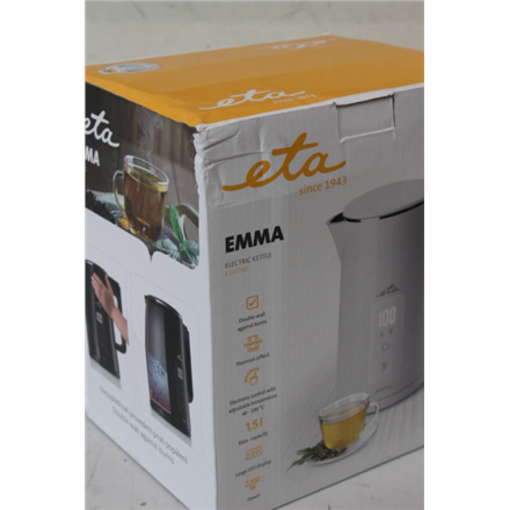 SALE OUT. ETA ETA559590010 Emma Electric kettle, 1.5 L, White , SALE OUT. , ETA Kettle , ETA559590010 Emma , Electric , 2200 W , 1.5 L , Stainless steel , 360° rotational base , White , DAMAGED PACKAGING
