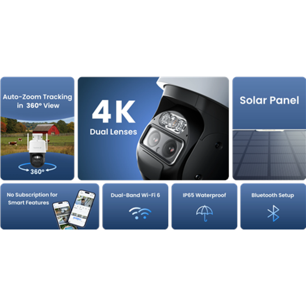 Reolink 4K Dual-Lens Wi-Fi 6 Battery-Powered Security Camera withSolar Panel 2 , Trackmix Series B770 , PTZ , 2.8mm/F1.6 , H.264/H.265 , Micro SD, Max. 256 GB