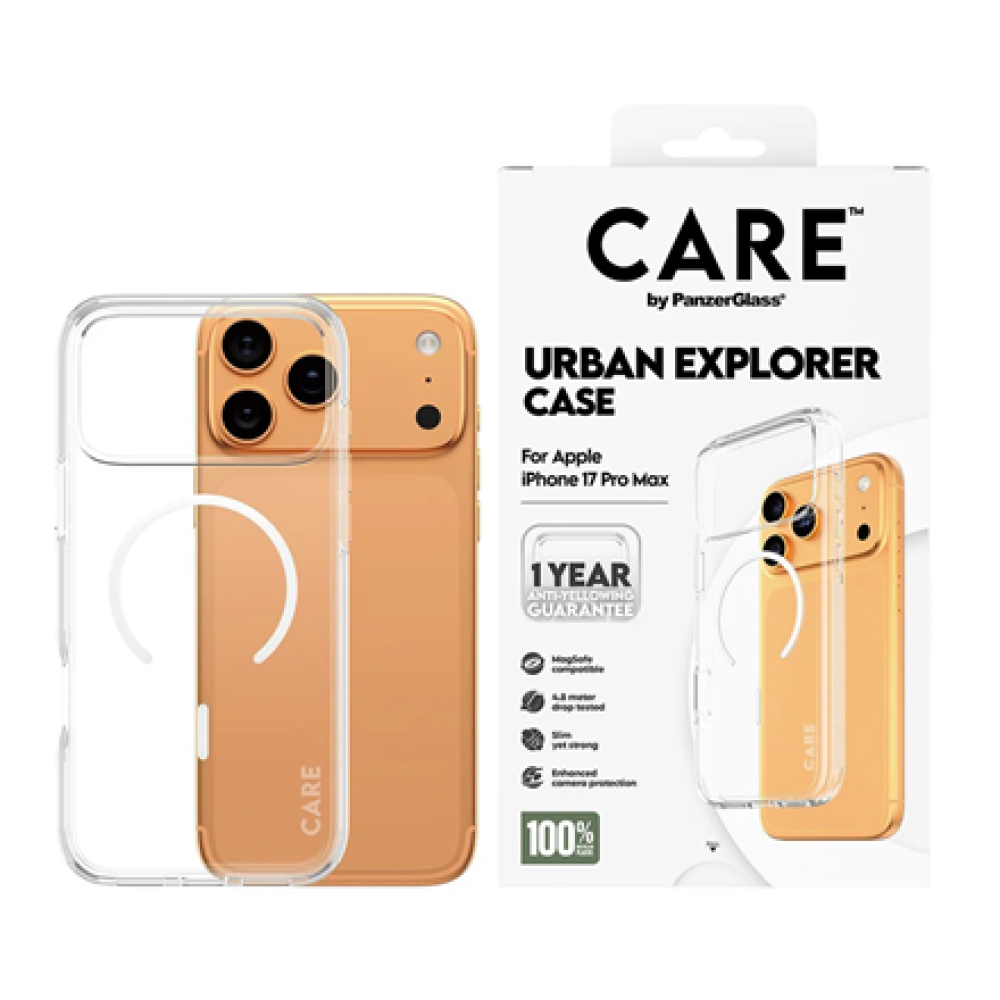 PanzerGlass Flagship Case , Back cover , Apple , iPhone 17 Pro Max , Recycled plastic , Transparent , Urban Explorer w. White MagSafe