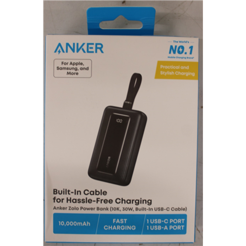 Anker Power Bank with Built-In USB-C Cable , A1688H11 , 10000 mAh , Black , DAMAGED PACKAGING