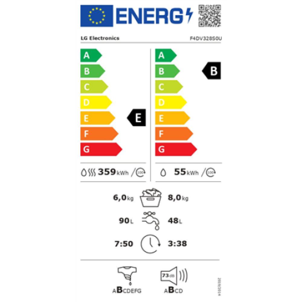 LG Washing Machine F4DV328S0U Energy efficiency class B, Front loading, Washing capacity 8 kg, 1400 RPM, Depth 56.5 cm, Width 60 cm, Display, Digital, Drying system, Drying capacity 6 kg, Steam function, Direct drive, White