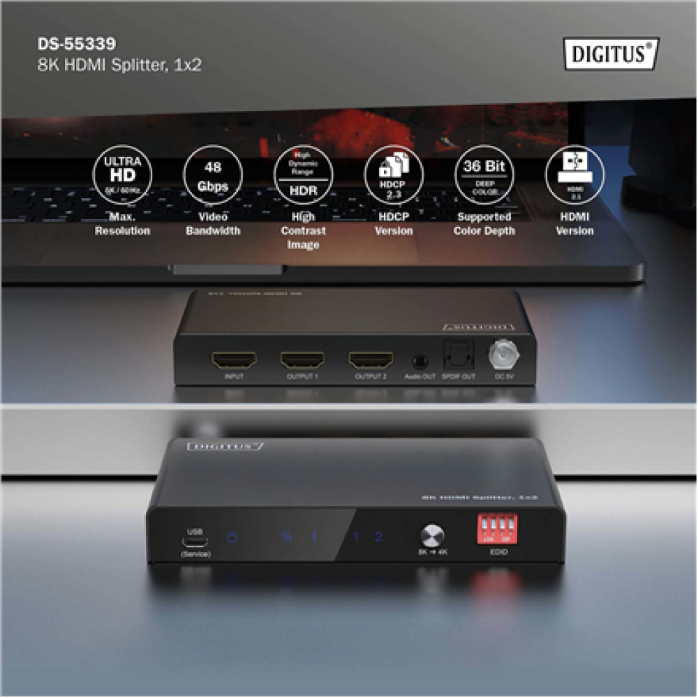 Digitus 8K HDMI Splitter, 1x2 , DS-55339 , Black