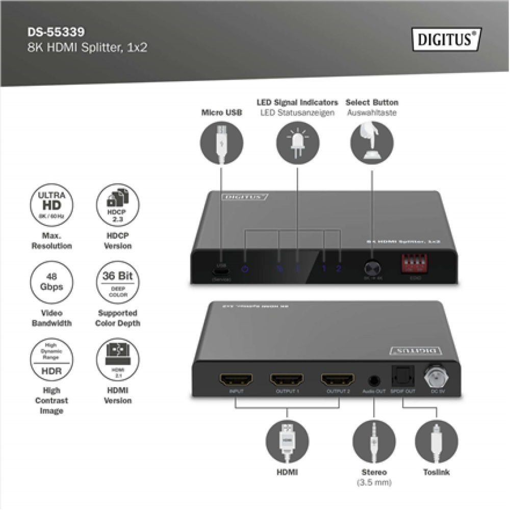 Digitus 8K HDMI Splitter, 1x2 , DS-55339 , Black