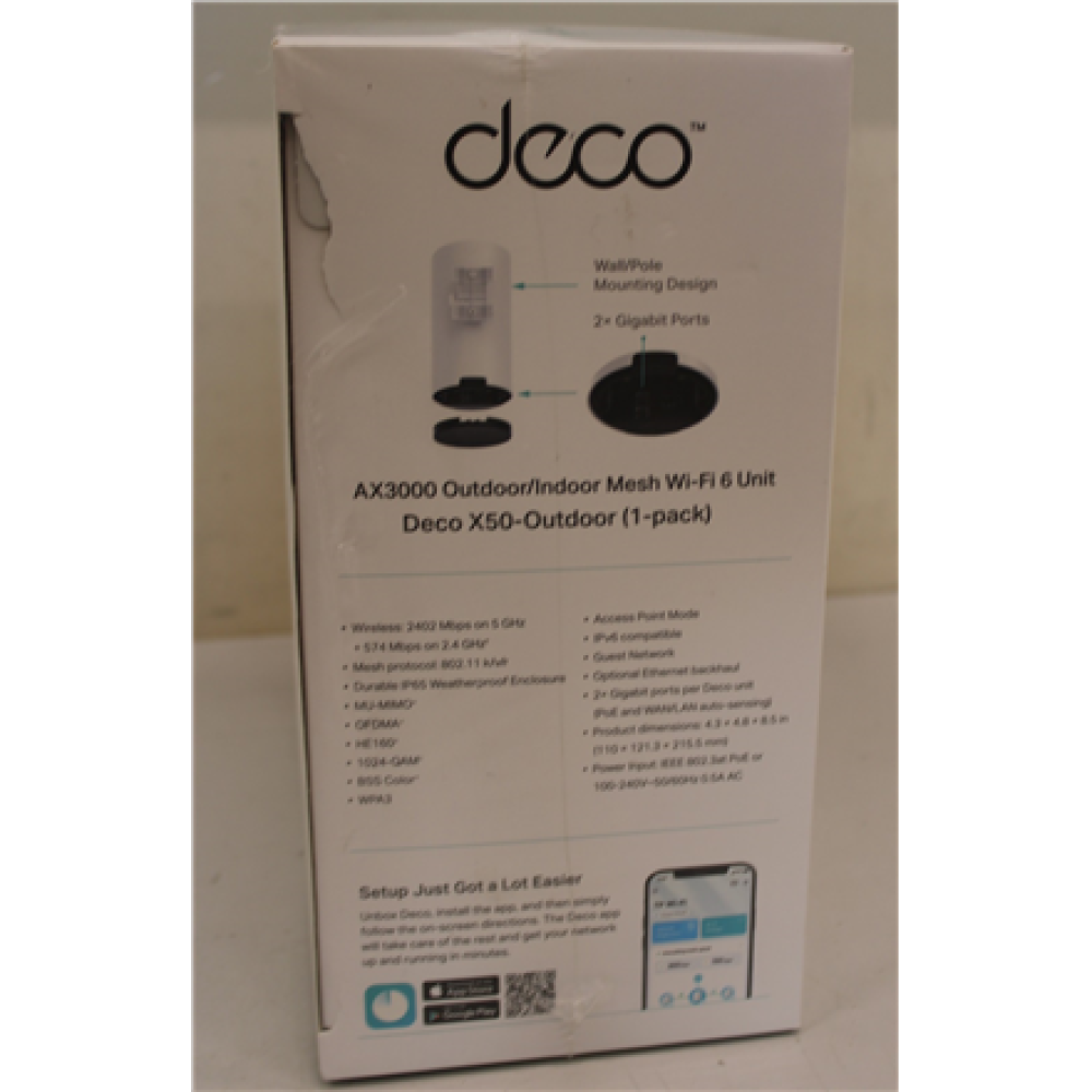 SALE OUT. TP-LINK Deco X50-Outdoor AX3000 Outdoor Whole Home Mesh WiFi 6 Unit , SALE OUT. TP-LINK AX3000 Outdoor Whole Home Mesh WiFi 6 Unit , Deco X50-Outdoor , 802.11ax , 10/100/1000 Mbit/s , Ethernet LAN (RJ-45) ports 2 , Mesh Support Yes , MU-MiMO Yes