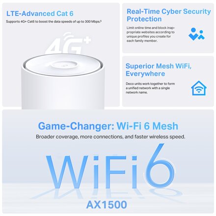 TP-LINK Deco X10-4G(1-pack) 4G+ AX1500 Whole Home Mesh Wi-Fi 6 Router , TP-LINK , 4G+ AX1500 Whole Home Mesh Wi-Fi 6 Router , Deco X10-4G (1-pack) , 802.11ax , 1201 Mbit/s , Mesh Support No , MU-MiMO No , No mobile broadband