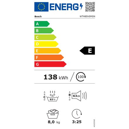 Bosch Dryer machine with heat pump , WTH85V0MSN , Energy efficiency class E , Front loading , 8 kg , LED , Depth 61 cm , White