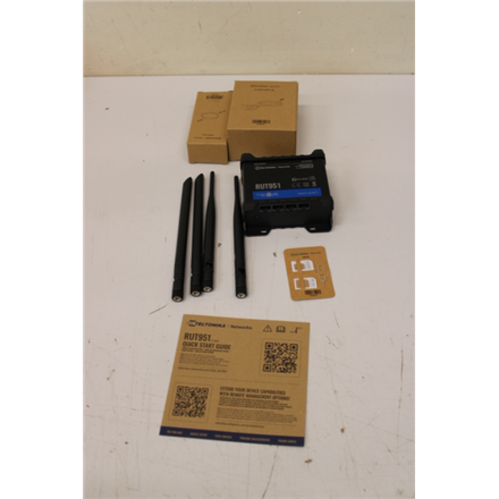 SALE OUT. Teltonika RUT951 Industrial Cellular router (RUT951000000) , Industrial Cellular router , RUT951 , 802.11n , 10/100 Mbit/s , Ethernet LAN (RJ-45) ports 4 , Mesh Support No , MU-MiMO No , 2G/3G/4G , Antenna type 2 x SMA for LTE, 2 x RP-SMA , 0 , 