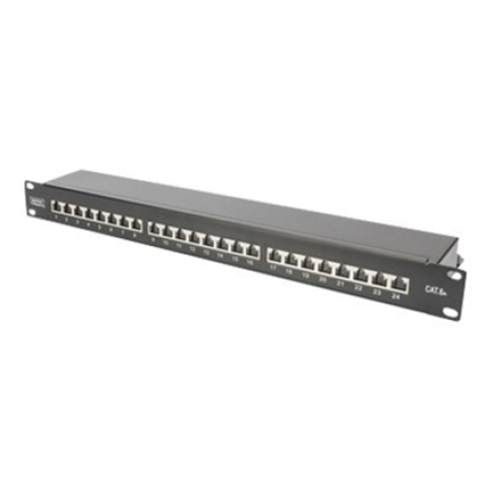 CAT 6A , Patch Panel , RJ45, 8P8C , Suitable for 483 mm (19) cabinet mounting; Transmission properties: Category 6A, Class EA; Area of application: Up to 500 MHz, 10GBase-T; Size:482.6 x 44 x 109mm , RJ45 shielding (Tinned bronze)