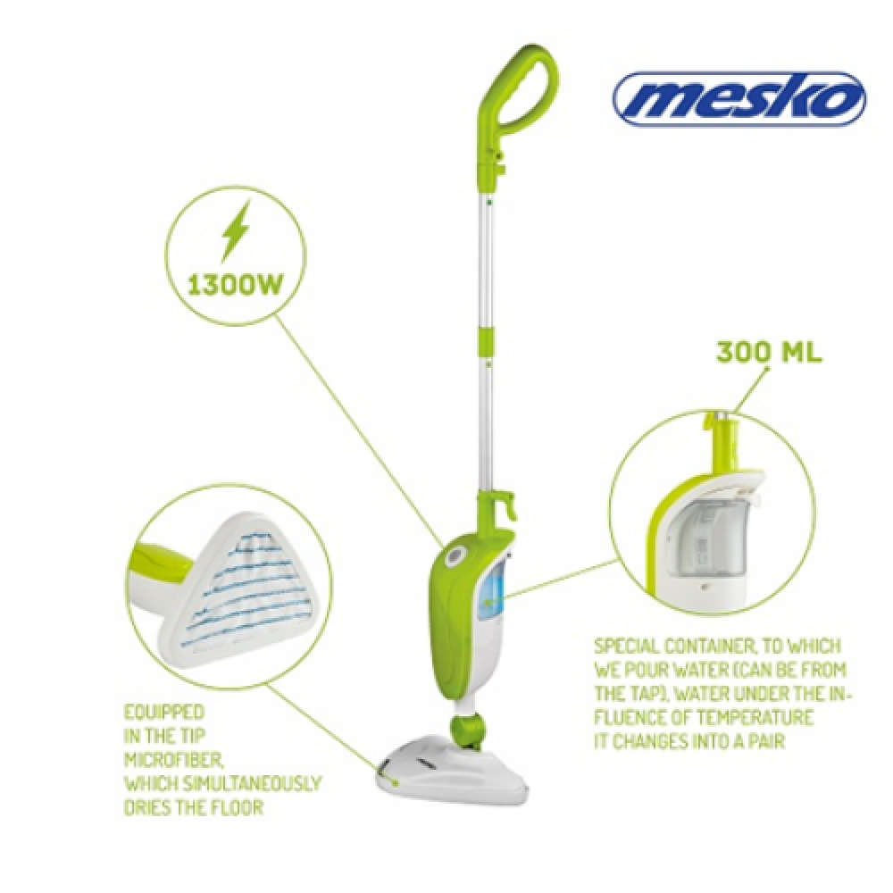 Mesko Steam Mop MS 7020 Power 1300 W, Water tank capacity 0.3 L, White/Green