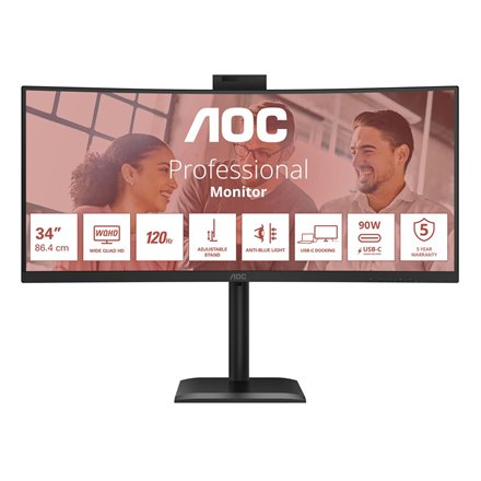 AOC , CU34E4CW , 34 , VA , UWQHD , 120 Hz , 4 ms , 3440 x 1440 pixels , 350 cd/m² , HDMI ports quantity 2 , Black
