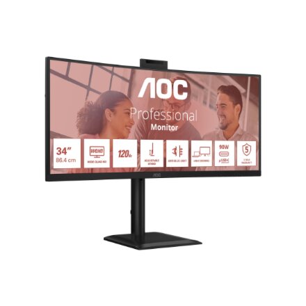 AOC , CU34E4CW , 34 , VA , UWQHD , 120 Hz , 4 ms , 3440 x 1440 pixels , 350 cd/m² , HDMI ports quantity 2 , Black