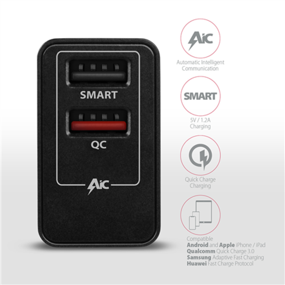 AXAGON Dual wallcharger 240V/2x USB port QC3.0/AFC/FCP and 5V-1.2A, 24W , ACU-QS24