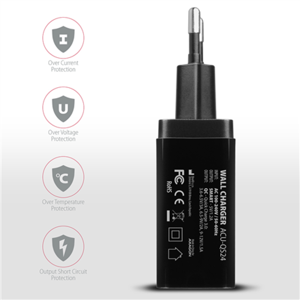 AXAGON Dual wallcharger 240V/2x USB port QC3.0/AFC/FCP and 5V-1.2A, 24W , ACU-QS24