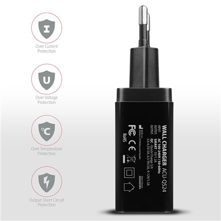 AXAGON Dual wallcharger 240V/2x USB port QC3.0/AFC/FCP and 5V-1.2A, 24W , ACU-QS24