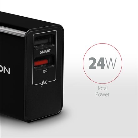 AXAGON Dual wallcharger 240V/2x USB port QC3.0/AFC/FCP and 5V-1.2A, 24W , ACU-QS24