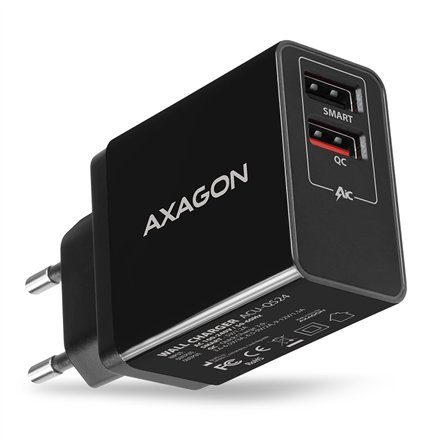 AXAGON Dual wallcharger 240V/2x USB port QC3.0/AFC/FCP and 5V-1.2A, 24W , ACU-QS24