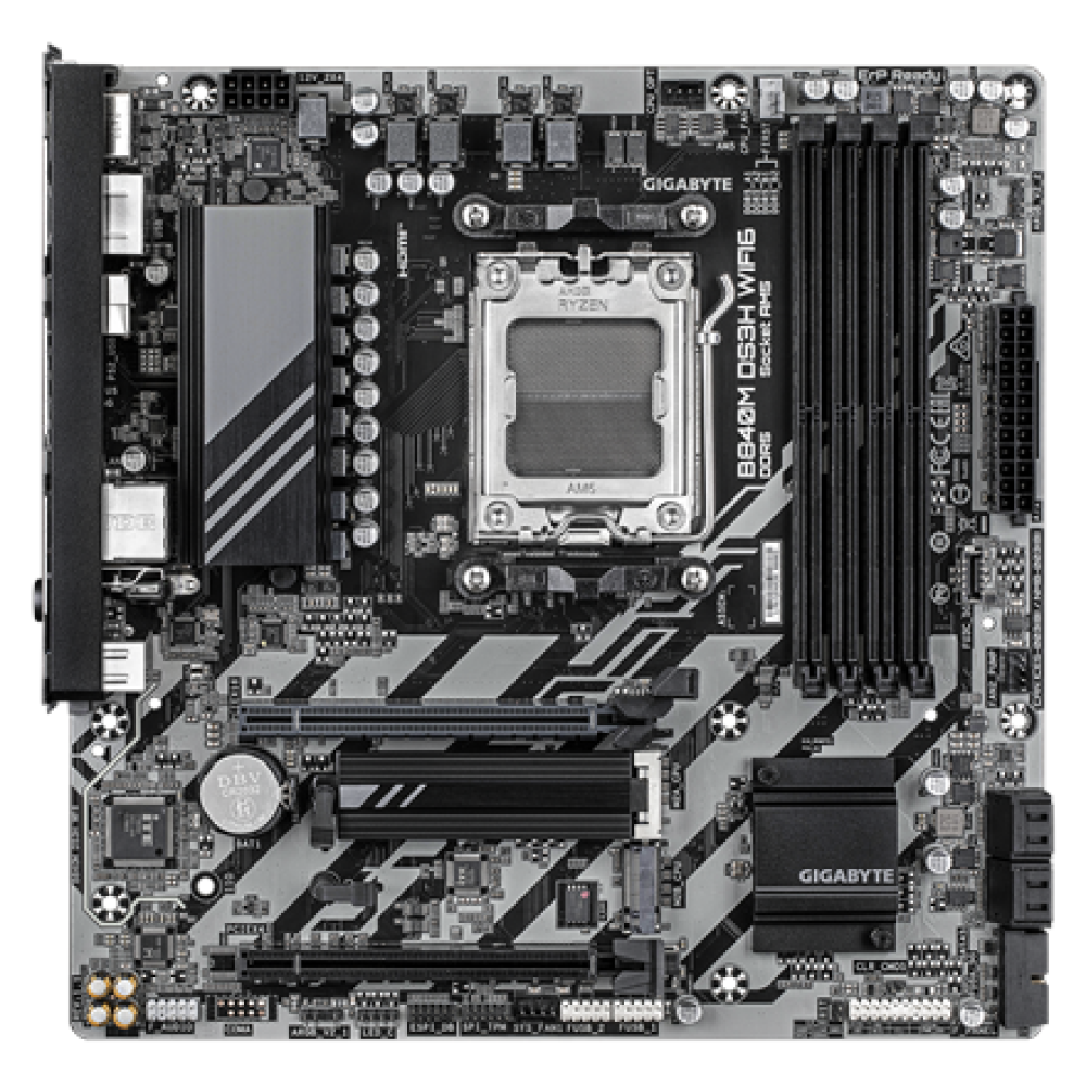 Gigabyte B840M DS3H WIFI6 (rev. 1.1) , Processor family AMD , Processor socket AM5 , DDR5 , Supported hard disk drive interfaces SATA, M.2 , Number of SATA connectors 4