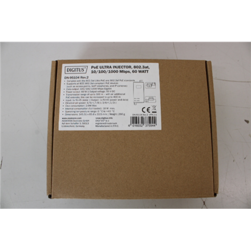 SALE OUT. DIGITUS Gigabit Ethernet PoE Ultra Injector, 802.3af/at, 60 W, DEMO , Digitus , Gigabit Ethernet PoE Ultra Injector, 802.3af/at, 60 W , DN-95104