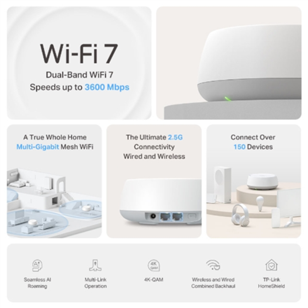 TP-LINK BE3600 Whole Home Mesh Wi-Fi 7 System , Deco BE25 (3-pack) , 802.11be , 2882 Mbit/s , Ethernet LAN (RJ-45) ports 1 , Mesh Support Yes , MU-MiMO No , No mobile broadband