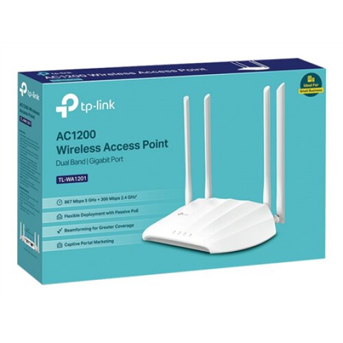 TP-LINK , Access Point , TL-WA1201 , 802.11ac , 2.4GHz/5 GHz , 300+867 Mbit/s , 10/100/1000 Mbit/s , Ethernet LAN (RJ-45) ports 1 , MU-MiMO Yes , no PoE , Antenna type 4 Fixed High Performance