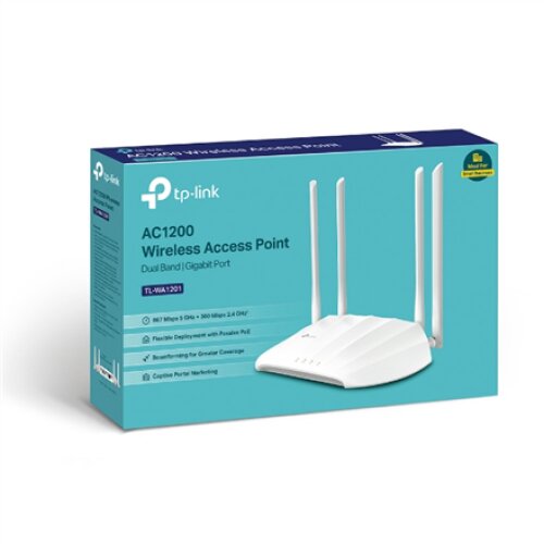 TP-LINK , Access Point , TL-WA1201 , 802.11ac , 2.4GHz/5 GHz , 300+867 Mbit/s , 10/100/1000 Mbit/s , Ethernet LAN (RJ-45) ports 1 , MU-MiMO Yes , no PoE , Antenna type 4 Fixed High Performance