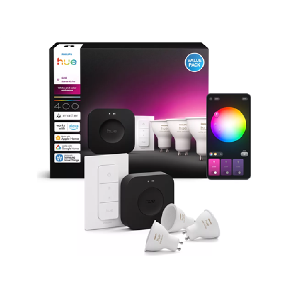 Philips Hue Starter set: 3 GU10 bulbs, dimmer switch, Hue Bridge Pro , GU10 , Zigbee, Wi-Fi, Bluetooth