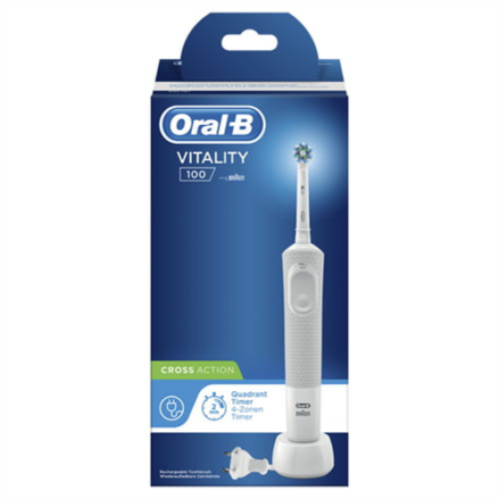 Oral-B Electric Toothbrush Vitality 100 CrossAction Rechargeable, For adults, Number of brush heads included 1, White, Number of teeth brushing modes 1