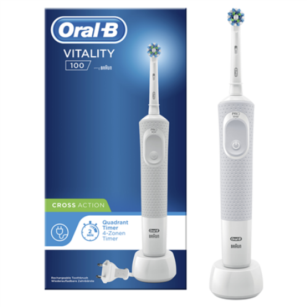 Oral-B Electric Toothbrush Vitality 100 CrossAction Rechargeable, For adults, Number of brush heads included 1, White, Number of teeth brushing modes 1