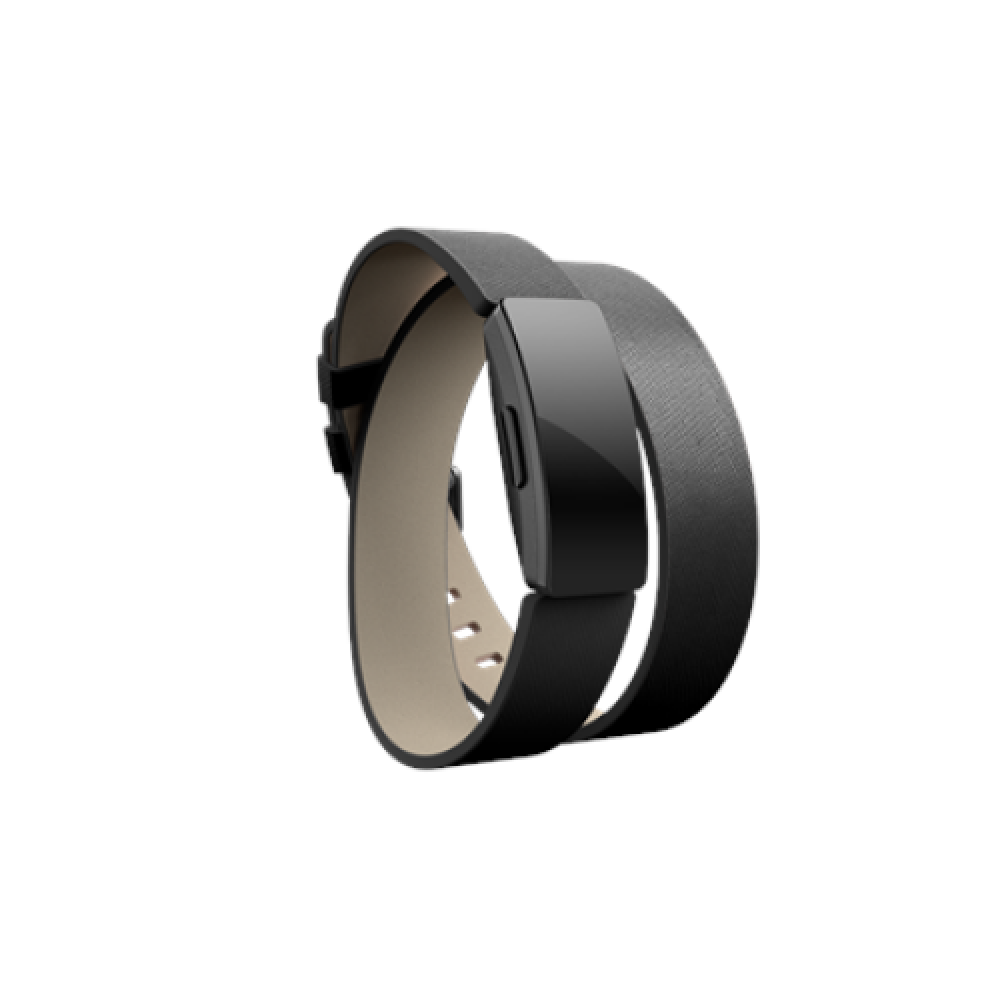 Fitbit Inspire Accessory Double Leather Wrap, one size, black Horween leather* and includes an aluminium buckle. Hand-crafted with premium Horween leather, this high-quality wrap features a textured saffiano finish for your Fitbit Inspire or Inspire HR he