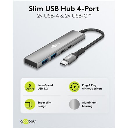 Goobay Slim 4-Port USB Hub, USB-C to USB-C/USB-A, 5 Gbit/s , 76563