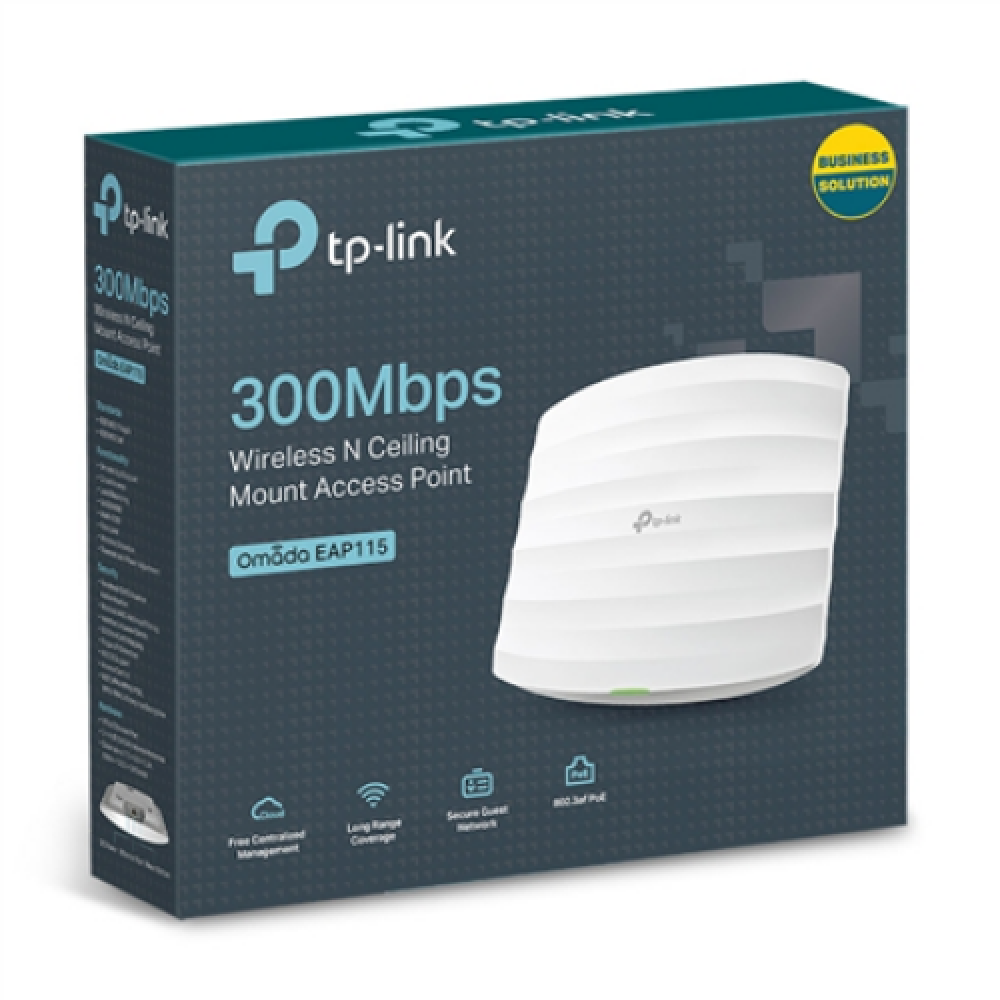 TP-LINK , Access Point , EAP115 , 802.11n , 2.4GHz , 300 Mbit/s , 10/100 Mbit/s , Ethernet LAN (RJ-45) ports 1 , MU-MiMO No , PoE in , Antenna type 2xInternal , No