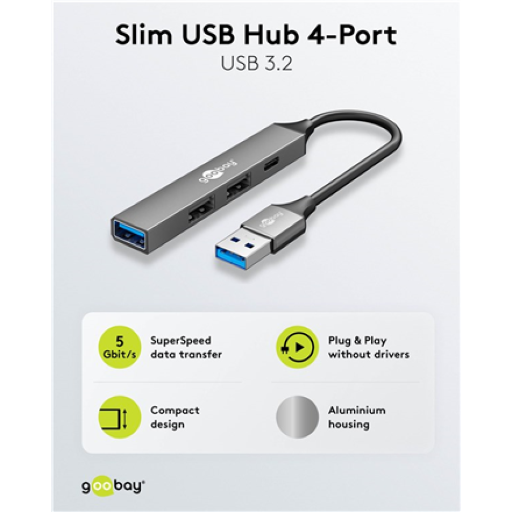 Goobay Slim 4-Port USB Hub, USB-A to USB-C/USB-A, 5 Gbit/s , 74458