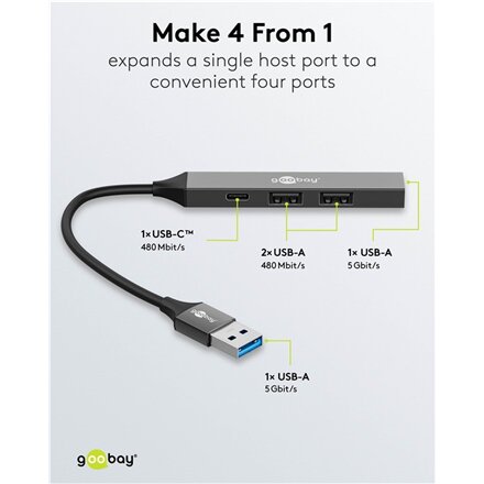 Goobay Slim 4-Port USB Hub, USB-A to USB-C/USB-A, 5 Gbit/s , 74458