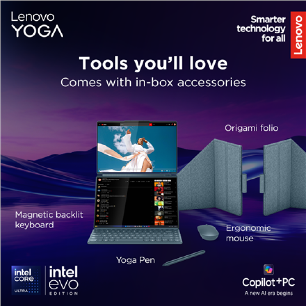 Lenovo Yoga Book 9 14IAH10 , Tidal Teal , 2x14 , OLED , Touchscreen , 2.8K WQXGA+ , 2880 x 1800 pixels , Intel Core Ultra 7 , 255H , 32 GB , Soldered LPDDR5x , Solid-state drive capacity 1000 GB , Intel Arc 140T GPU , Windows 11 Pro , 802.11be , Bluetooth