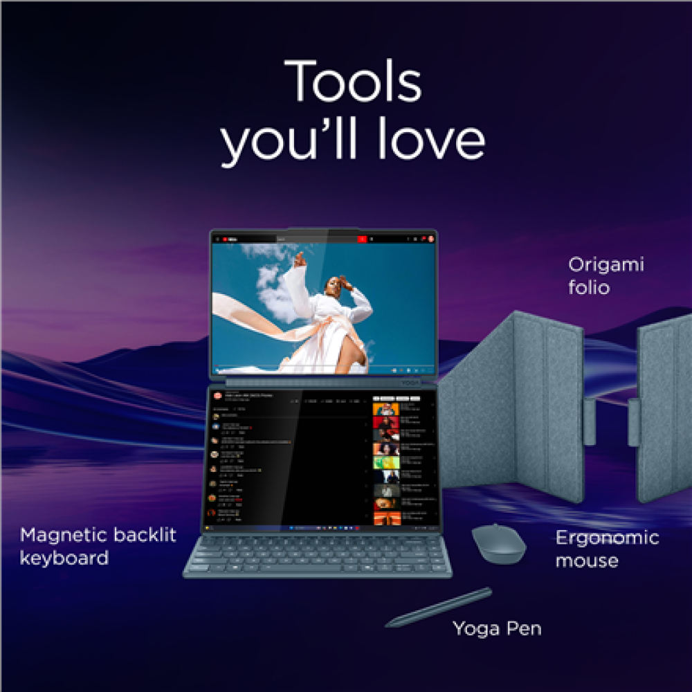 Lenovo Yoga Book 9 14IAH10 , Tidal Teal , 2x14 , OLED , Touchscreen , 2.8K WQXGA+ , 2880 x 1800 pixels , Intel Core Ultra 7 , 255H , 32 GB , Soldered LPDDR5x , Solid-state drive capacity 1000 GB , Intel Arc 140T GPU , Windows 11 Pro , 802.11be , Bluetooth