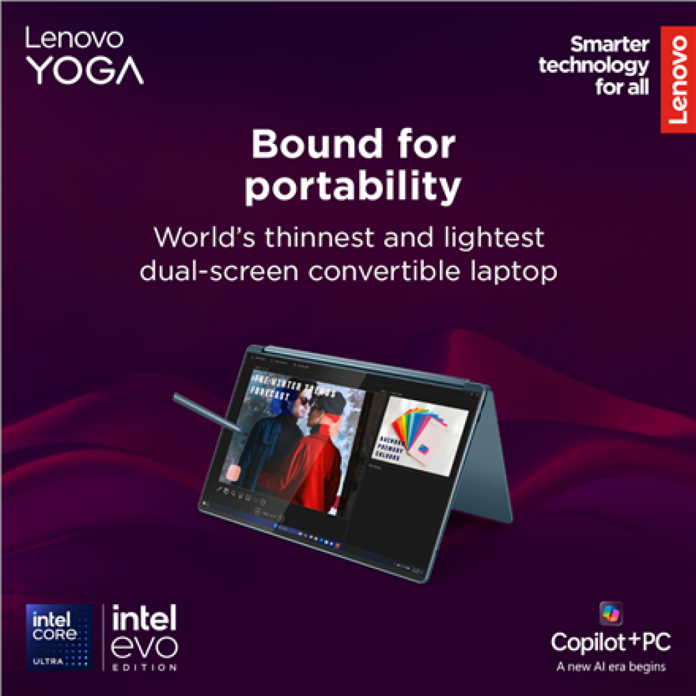 Lenovo Yoga Book 9 14IAH10 , Tidal Teal , 2x14 , OLED , Touchscreen , 2.8K WQXGA+ , 2880 x 1800 pixels , Intel Core Ultra 7 , 255H , 32 GB , Soldered LPDDR5x , Solid-state drive capacity 1000 GB , Intel Arc 140T GPU , Windows 11 Pro , 802.11be , Bluetooth