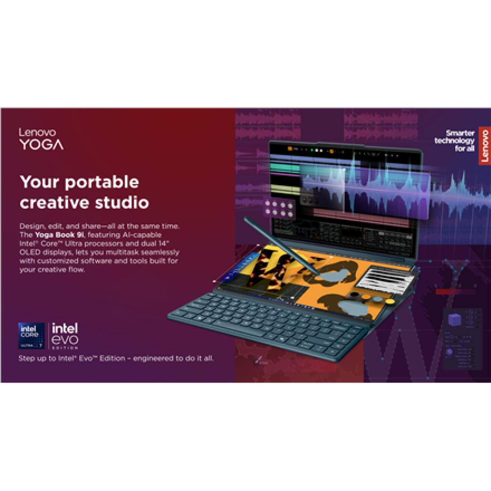 Lenovo Yoga Book 9 14IAH10 , Tidal Teal , 2x14 , OLED , Touchscreen , 2.8K WQXGA+ , 2880 x 1800 pixels , Intel Core Ultra 7 , 255H , 32 GB , Soldered LPDDR5x , Solid-state drive capacity 1000 GB , Intel Arc 140T GPU , Windows 11 Pro , 802.11be , Bluetooth