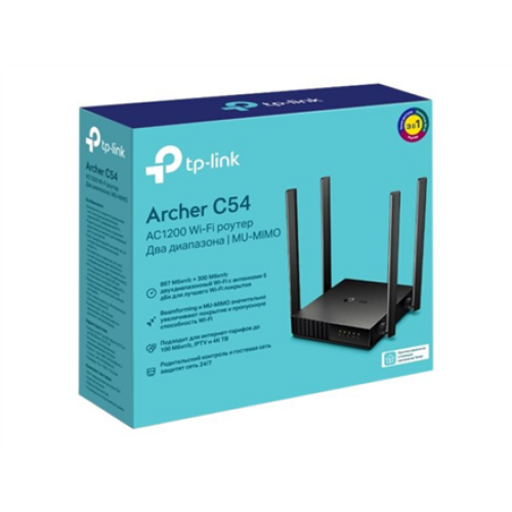 Dual Band Router , Archer C54 , 802.11ac , 300+867 Mbit/s , 10/100 Mbit/s , Ethernet LAN (RJ-45) ports 4 , Mesh Support No , MU-MiMO Yes , No mobile broadband , Antenna type 4xFixed