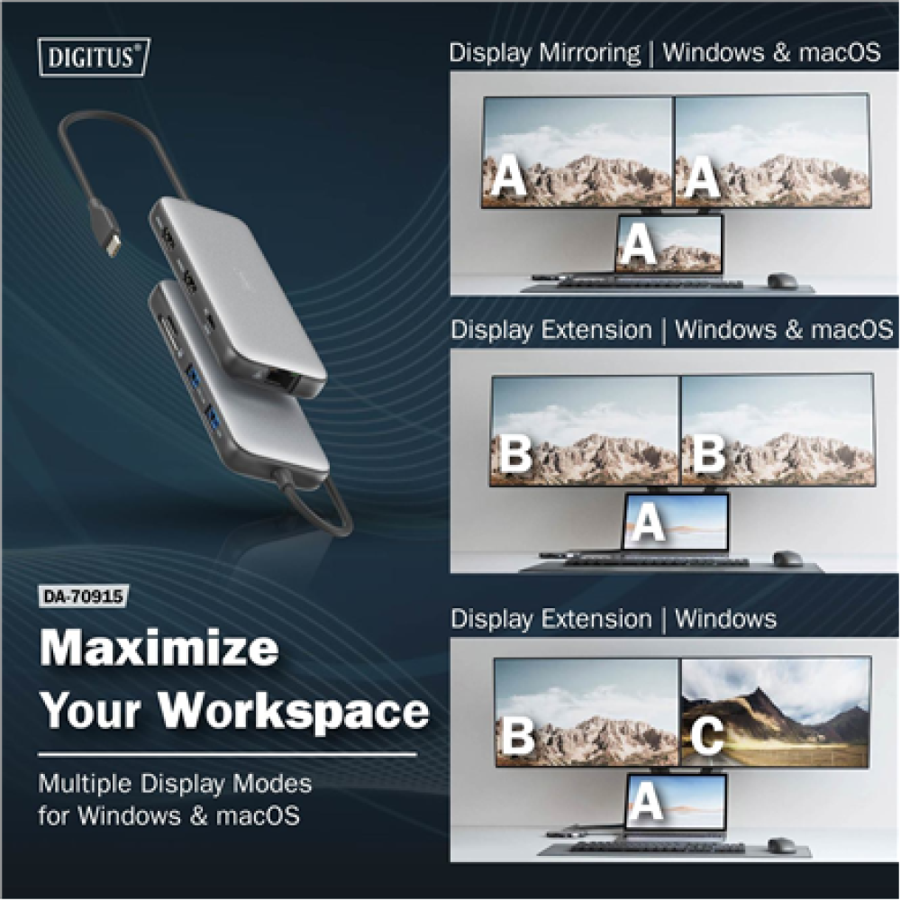 Digitus USB-C docking station, 8-port , DA-70915 , Ethernet LAN (RJ-45) ports 1 , HDMI ports quantity 2